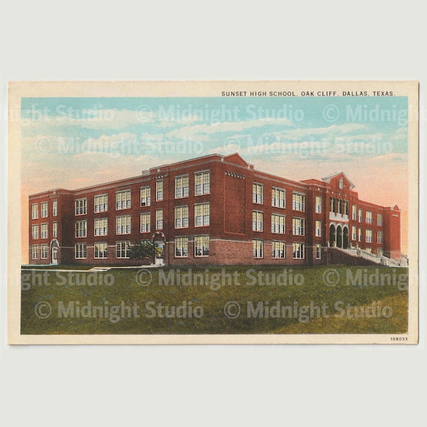 Oak Cliff Vintage Postcard 1 JPG Instant Art Print of Sunset High School in Oak Cliff, Dallas, Texas 30" x 20" Digital Download