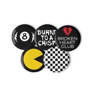 Five Pop Punk Pins Buttons 2 Sizes 1980s Skate Culture Ska Music Video Games Burnt
