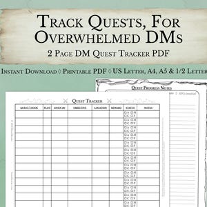May include: A two-page printable PDF quest tracker for DMs featuring a table with columns for quest, plot, giver, objective, location, reward, status, and notes. The header reads Track Quests, For Overwhelmed DMs, 2 Page DM Quest Tracker PDF.