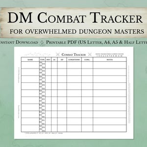 Op de afbeelding: Een printbaar DM Combat Tracker document met een raster met kolommen voor naam, type, initiatief, pantserklasse, levenspunten, condities, concentratie en notities. De koptekst bevat de tekst DM Combat Tracker for Overwhelmed Dungeon Masters.
