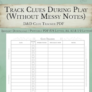 Pode incluir: Um documento PDF imprimível D&D Clue Tracker apresentando uma tabela com colunas para Clue, Found, Where Found, Who Has It Now e Notes. O texto do cabeçalho diz Track Clues During Play (Without Messy Notes) e D&D Clue Tracker PDF.
