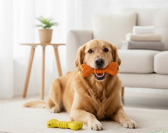 May include: A golden retriever lies on a cream-colored rug, holding an orange bone-shaped dog toy in its mouth. A second yellow toy rests on the rug. The dog is in a living room setting with a couch and side table visible in the background.