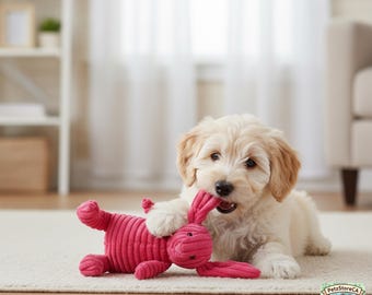 May include: A fluffy, cream-colored puppy is playfully biting a bright pink corduroy bunny toy. The puppy is lying on a light-colored rug, with a soft, neutral background. The toy is a plush, stuffed animal.