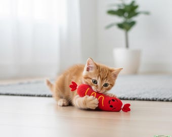 May include: An orange tabby kitten playing with a red plush sausage-shaped cat toy. The toy has yellow stitching and a smiling face. The kitten is on a light brown wooden floor.