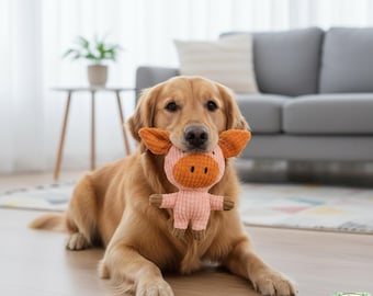 May include: A golden retriever dog is lying down, holding a pink and orange pig-shaped dog toy in its mouth. The toy has a corduroy texture. The dog is in a living room with a gray couch and a small table.