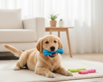 May include: A golden retriever puppy lies on a rug, holding a blue bone-shaped chew toy in its mouth. Several other colorful chew toys in green and pink are scattered nearby. The dog is in a living room setting.