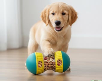 May include: A golden retriever puppy with a happy expression plays with a blue and yellow dog toy filled with treats. The toy is shaped like a dumbbell and is on a wooden floor.