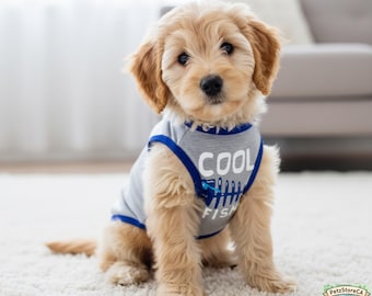 May include: A fluffy, light brown puppy wearing a gray tank top with blue trim. The shirt has the words "COOL FISH" printed on the front. The puppy is sitting on a white carpet.