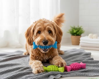May include: A golden-brown dog lies on a gray blanket, holding a blue bone-shaped chew toy in its mouth. Two other chew toys, one green and one pink, are nearby. The dog is looking directly at the camera. The background includes a window and a plant.