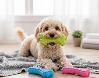 May include: A small, light-brown dog with a green bone-shaped chew toy in its mouth. Two additional chew toys, one blue and one pink, are on a gray blanket. The dog is lying down, looking at the camera.