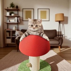 May include: A gray tabby cat sits atop a red mushroom-shaped cat scratcher. The cat scratcher has a white rope-wrapped post and a green base. The background includes a living room with a brown sofa and a floor lamp.