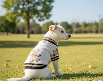 May include: A white dog wearing a cream-coloured sweater with brown bear designs and black stripes on the collar and sleeves. The dog is sitting on green grass in a park on a sunny day.
