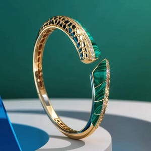 Green Malachite Gold Cuff Bracelet, Lab Grown Diamond Bangle, Luxury Statement Bracelet, Green Gemstone Open Cuff, Anniversary Gift for Her