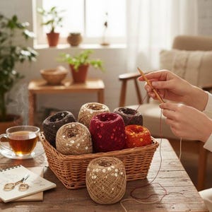 May include: A wicker basket containing several yarn skeins in brown, beige, and red hues, some embellished with sequins. A cup of tea and scissors rest on a notepad. Someone is knitting with a wooden needle.
