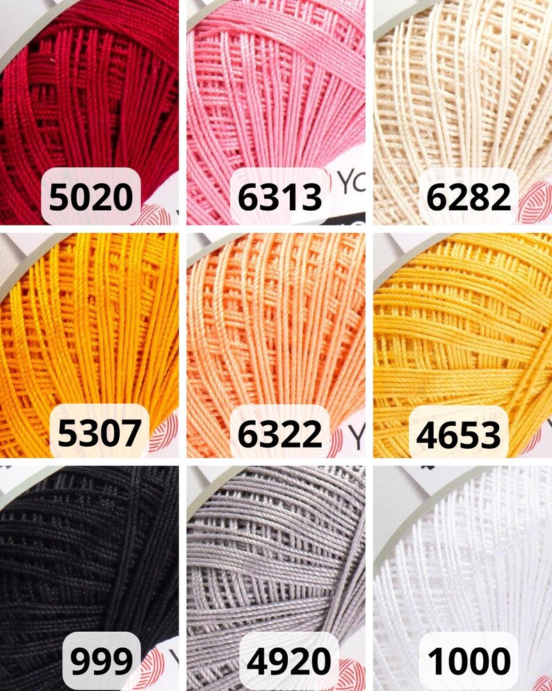 May include: Nine skeins of colourful yarn in various shades, including red, pink, cream, yellow, orange, black, grey, and white. Each skein is labelled with a number. Suitable for knitting and crochet projects.