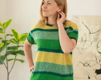 Handmade Mohair Striped T-Shirt – Fuzzy Soft Knit Tee with Green & Yellow Stripes