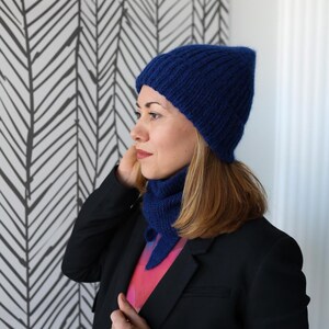 Hand Knit Alpaca Hat and Scarf Set, Folded Brim Beanie and Triangle Scarf, Women Winter Knitwear, Merino Alpaca Gift Set