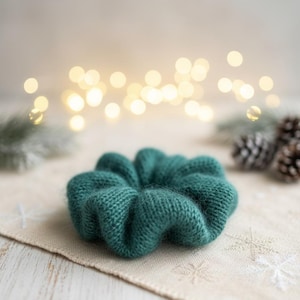 Handmade Emerald Green Mohair Silk Scrunchies, Knitted Hair Ties (Set of 2)