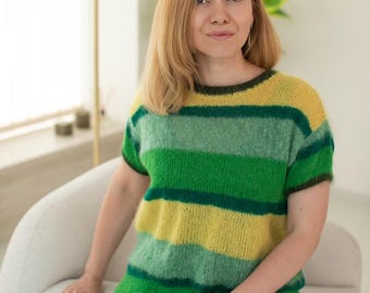 Hand-Knitted Mohair Alpaca Sweater – Green & Yellow Striped Knit Top