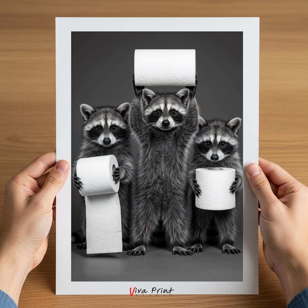 Funny Raccoon Bathroom Art: Toilet Paper Black and White Print (digital ...