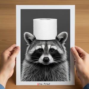 Funny Raccoon Bathroom Wall Art, Black and White Animal Poster, Toilet Paper Crown, Quirky Printable Decor, Digital Download