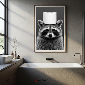 Funny Raccoon Bathroom Wall Art, Black and White Animal Poster, Toilet Paper Crown, Quirky Printable Decor, Digital Download