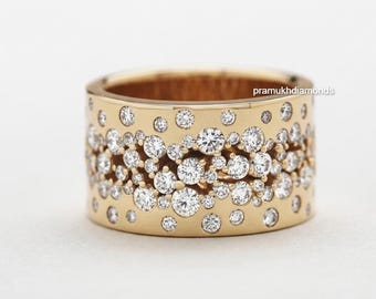 Gorgeous Round Cut Lab Grown Diamond Wide Band, Flush Set Scattered Diamond Wedding Band, Yellow Gold Plated Cigar Band, Cocktail Women Ring
