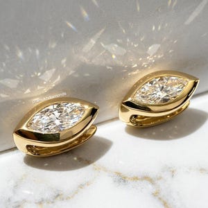 10x5mm Marquise Cut Moissanite Earrings, 925 Silver Bezel Set Huggie Earrings, Minimalist Gold Solitaire Hoops, Everyday Luxury Gift for Her
