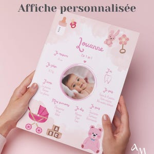 Personalized poster for baby girl&#39;s first birthday, customizable pink theme baby poster