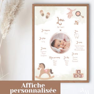 Personalized poster for baby girl or boy&#39;s first birthday, customizable beige theme baby poster