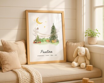 Digital birth poster, forest, birth chart, birth data poster, birth announcement, personalized birth gift, birth announcement, baby girl