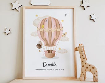 Digital birth poster, balloon, birth chart, birth date poster, birth announcement, personalized birth gift, birth announcement, baby girl