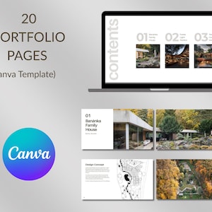 Pu&ograve; includere: Un laptop mostra un modello di portfolio con il testo "20 Portfolio Pages (Canva Template)". Lo schermo mostra layout di design architettonico. Un logo Canva si trova nell'angolo in basso a sinistra. Il modello include immagini e testo.