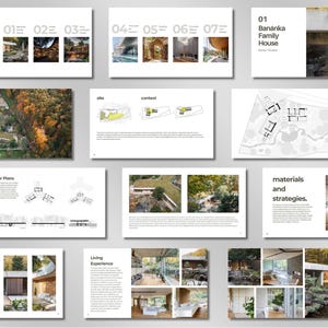 Pu&ograve; includere: Layout di presentazione con concetti di design architettonico. Le pagine mostrano planimetrie, contesto del sito e viste interne ed esterne di una casa moderna. La presentazione include il testo "contents", "Floor Plans", "Living Experience", "materials and strategies" e "Ban&aacute;nka Family House".