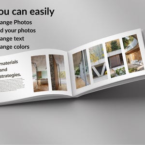 Pu&ograve; includere: Un libro aperto con pagine bianche, con fotografie di architettura. Il testo sulla pagina sinistra recita "materials and strategies". Sopra il libro, il testo dice "You can easily Change Photos, Add your photos, Change text, Change colors."