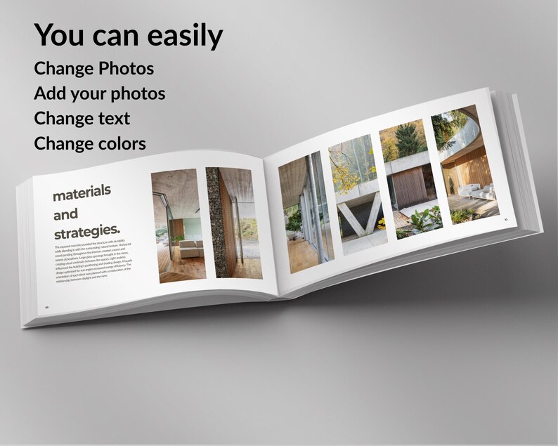 Pu&ograve; includere: Un libro aperto con pagine bianche, con fotografie di architettura. Il testo sulla pagina sinistra recita "materials and strategies". Sopra il libro, il testo dice "You can easily Change Photos, Add your photos, Change text, Change colors."
