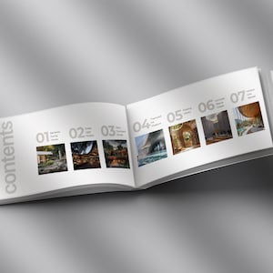 Pu&ograve; includere: Un libro aperto con una copertina bianca, che mostra una pagina dei contenuti con il titolo "contents" in grigio. Il libro &egrave; aperto su una doppia pagina con sette immagini, ciascuna numerata ed etichettata con testo. Lo sfondo &egrave; un gradiente di grigio.