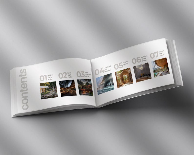 Pu&ograve; includere: Un libro aperto con una copertina bianca, che mostra una pagina dei contenuti con il titolo "contents" in grigio. Il libro &egrave; aperto su una doppia pagina con sette immagini, ciascuna numerata ed etichettata con testo. Lo sfondo &egrave; un gradiente di grigio.