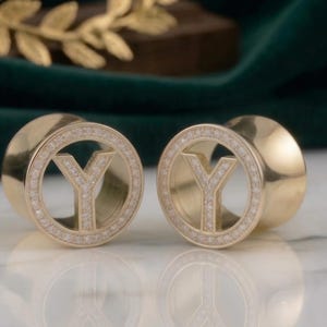 Könnte beinhalten: Zwei goldfarbene Ohrstöpsel mit kreisförmigem Design. Jeder Stecker hat einen großen Buchstaben "Y" in der Mitte, umgeben von einem Ring aus kleinen, klaren Edelsteinen. Die Stecker werden auf einer reflektierenden Oberfläche präsentiert.