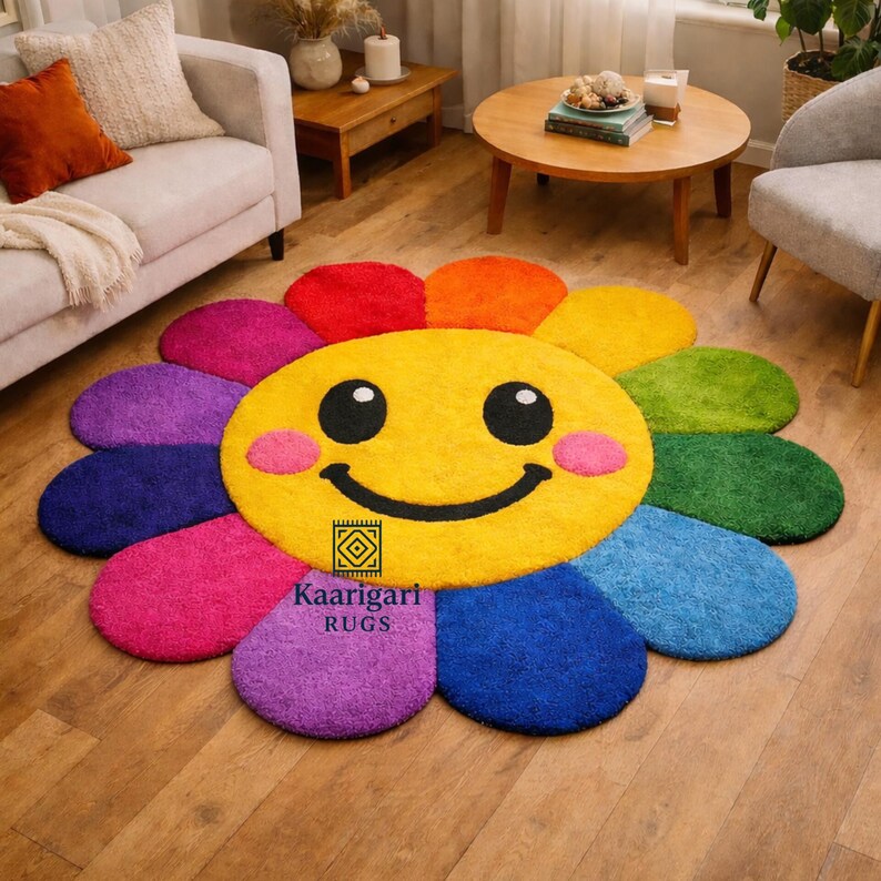 Hand Tufted Wool Smiley Daisy Rug, Colorful Flower Area Rug, Kids ...