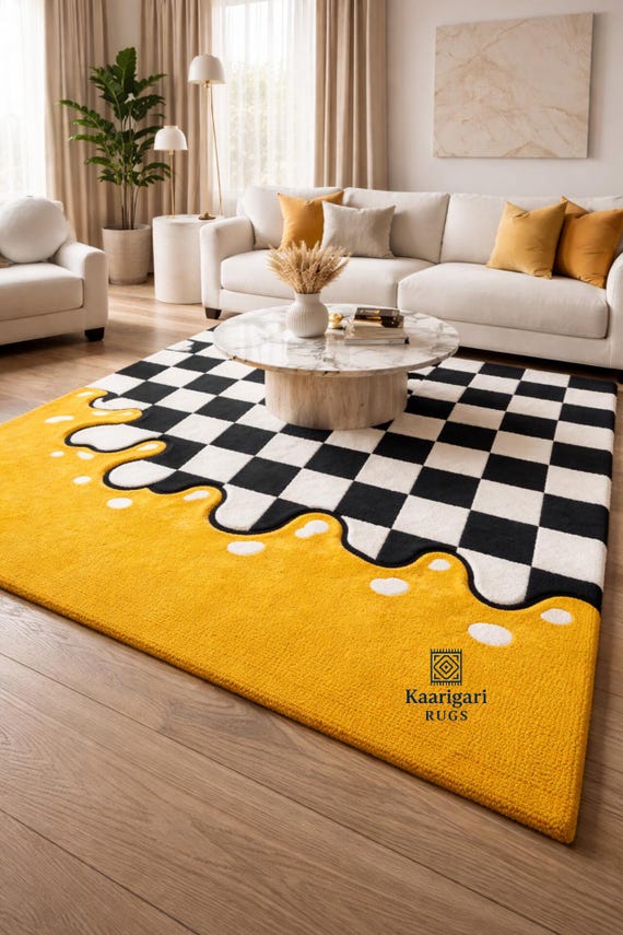 Hand Tufted Wool Black White Checkerboard Rug, Yellow Drip Area Rug, Modern Abstract Carpet, Handmade Wool Rug, Bold Home Decor