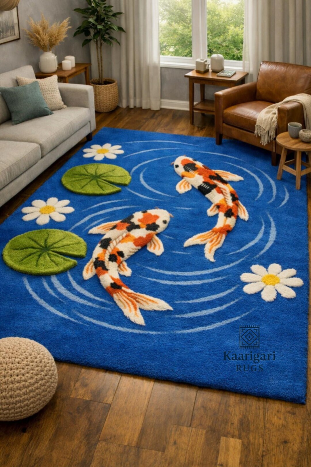 Pond Colors Rug Hand Tufted Wool Koi Fish Pond Rug, Blue Orange White Lily Pad Floral ...