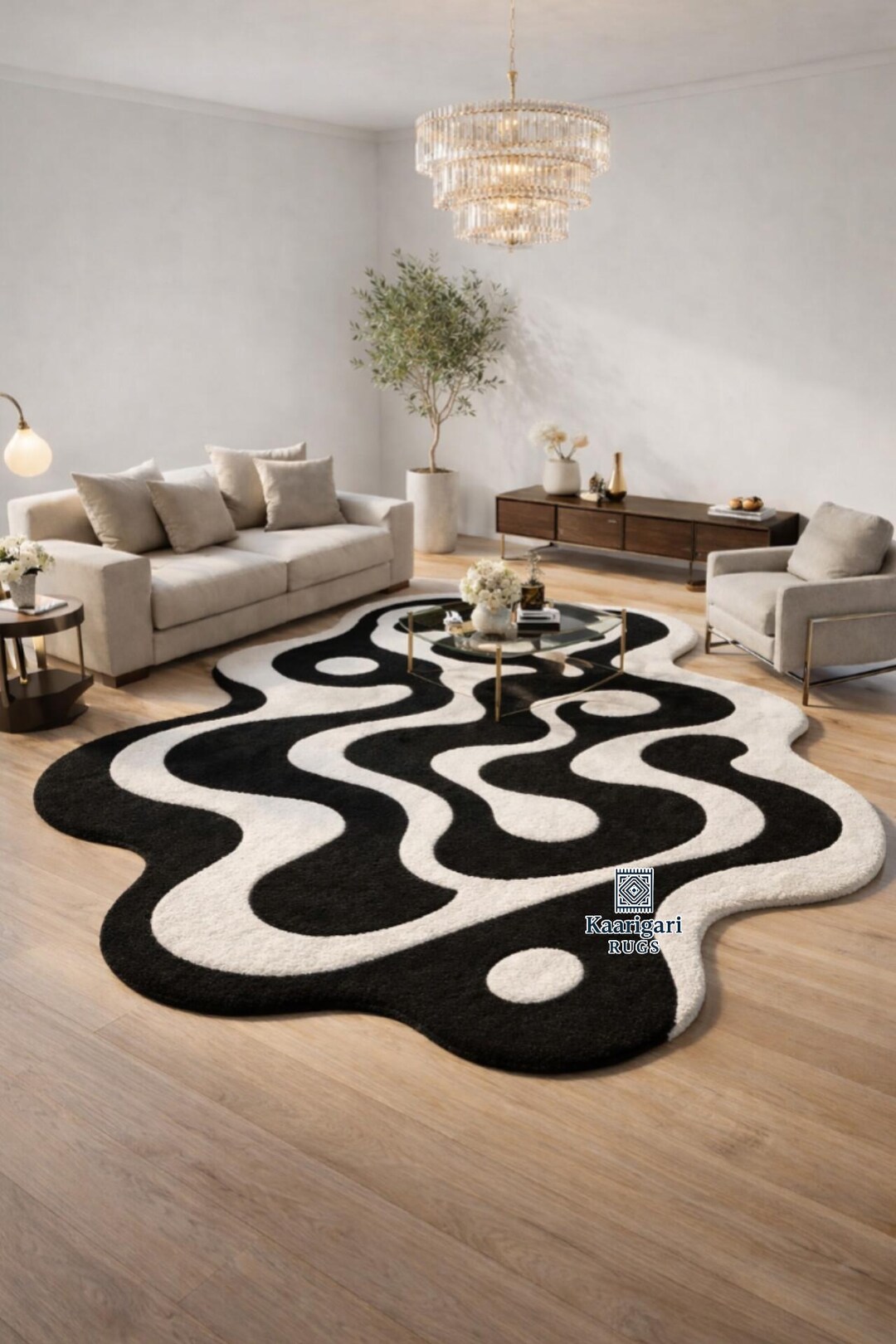 Hand Tufted Wool Abstract Wavy Rug, Black White Irregular Area Rug ...