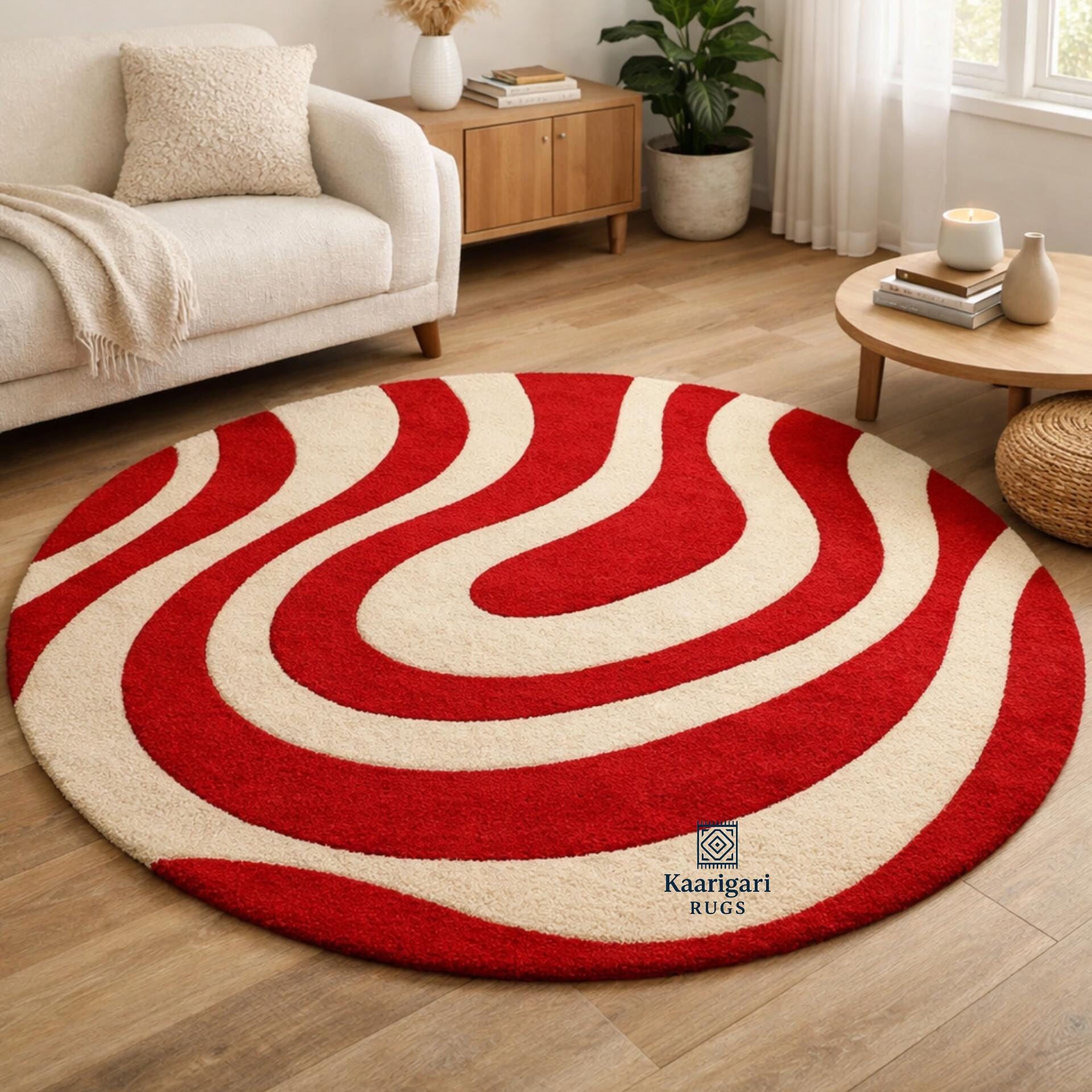 Hand Tufted Red Cream Round Rug, Abstract Wave Swirl Carpet, Modern ...