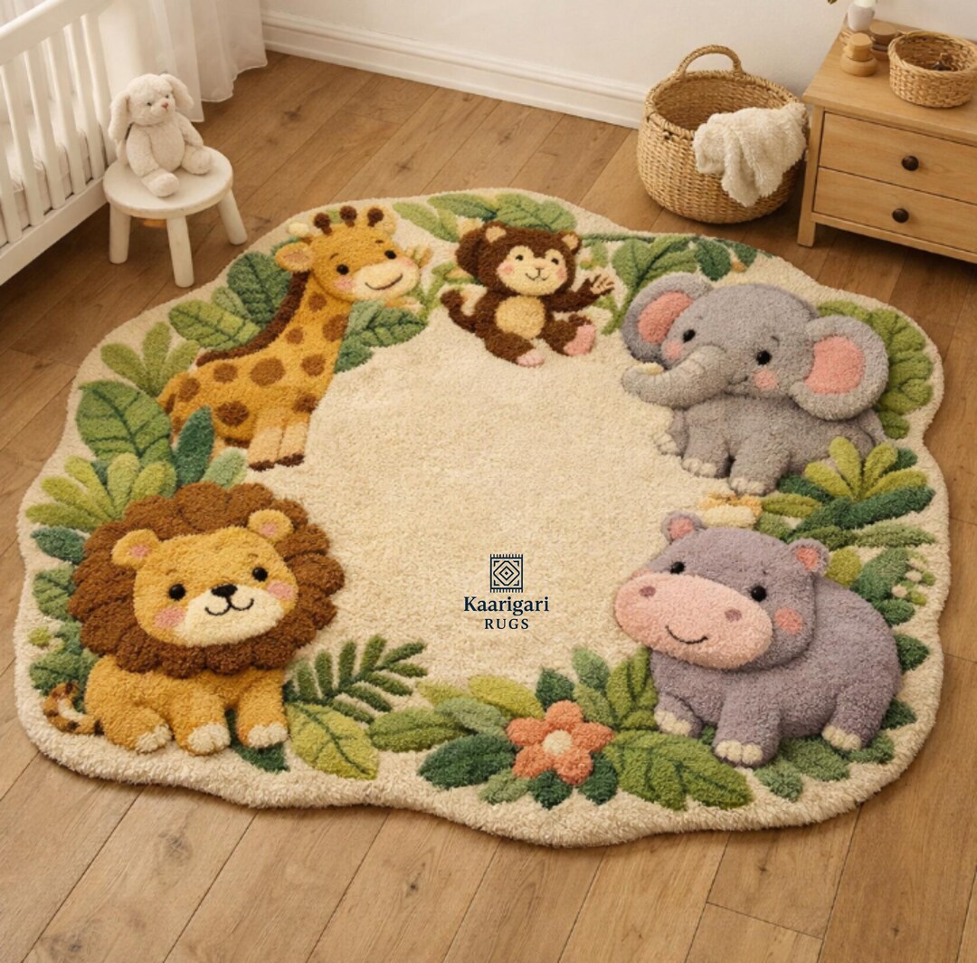 Hand Tufted Wool Jungle Animal Rug, Cute Safari Nursery Carpet, Lion ...