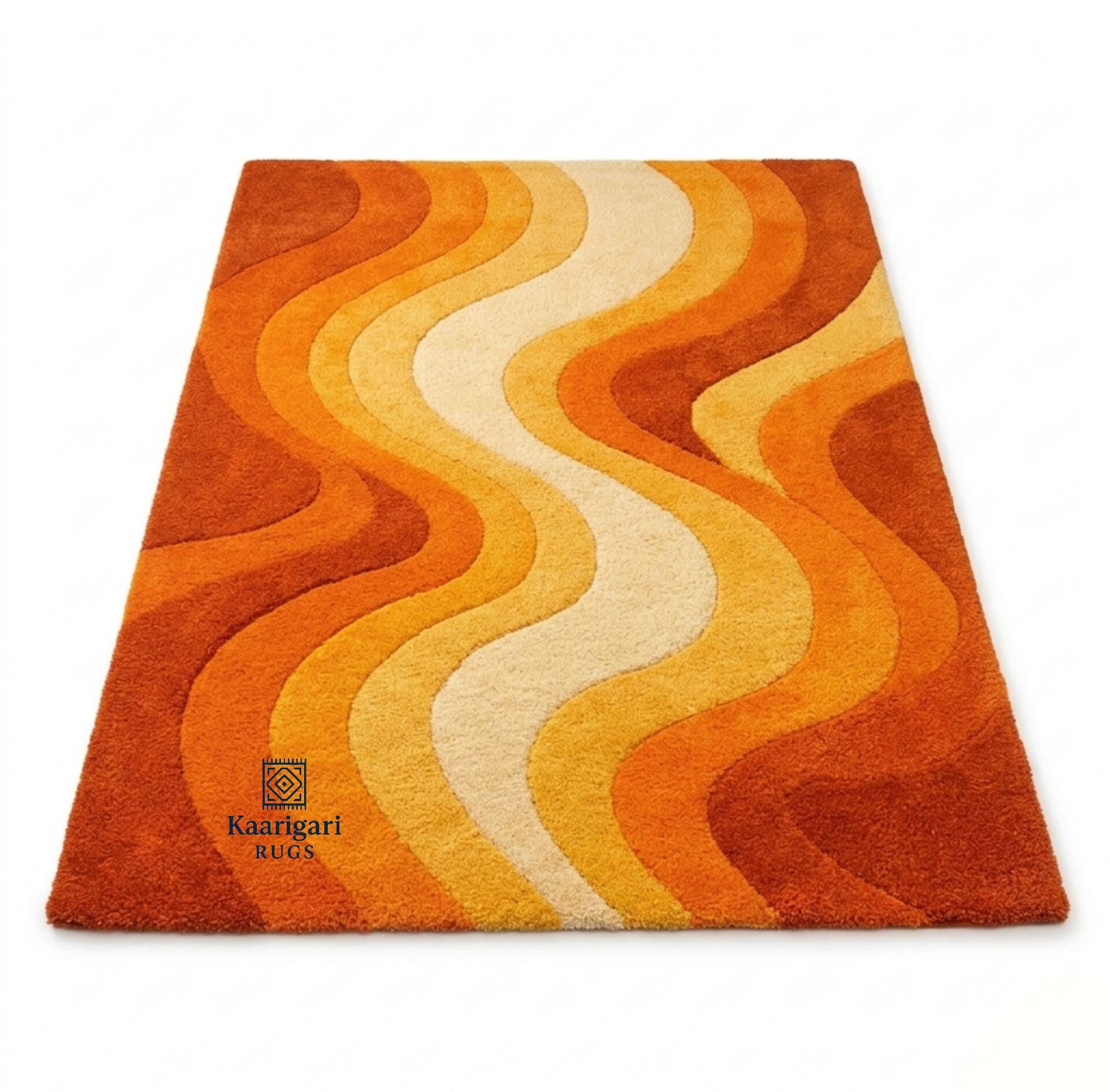 Hand Tufted Wool Rug, 70s Area Rug, Retro Wave Living Room Rug, Mid ...