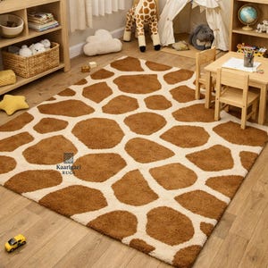 Giraffe Print Hand Tufted Wool Rug, Safari Animal Pattern Area Rug, Kids Room Nursery Carpet, Jungle Theme Decor, High Pile Wool Rug