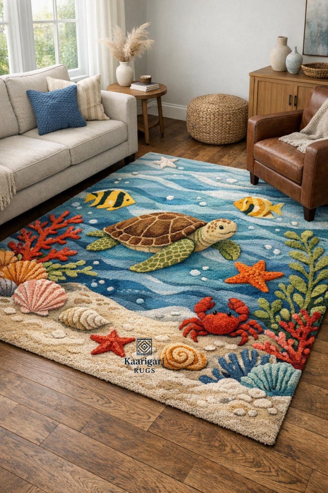 Hand Tufted Wool Ocean Theme Rug | Sea Turtle Kids Rug | Underwater ...