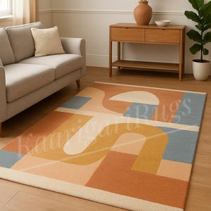 Modern Abstract Area Rug – Mid-Century Geometric Carpet in Earth Tones, Minimalist Living Room Decor | Get Free Gift