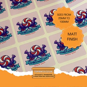 May include: Square stickers with a candy logo featuring a red and white swirl lollipop, purple wrapped sweets, and the text "ESMEE'S SWEET SHOP SINCE 2024." Available in sizes from 25mm to 100mm, with a matt finish.